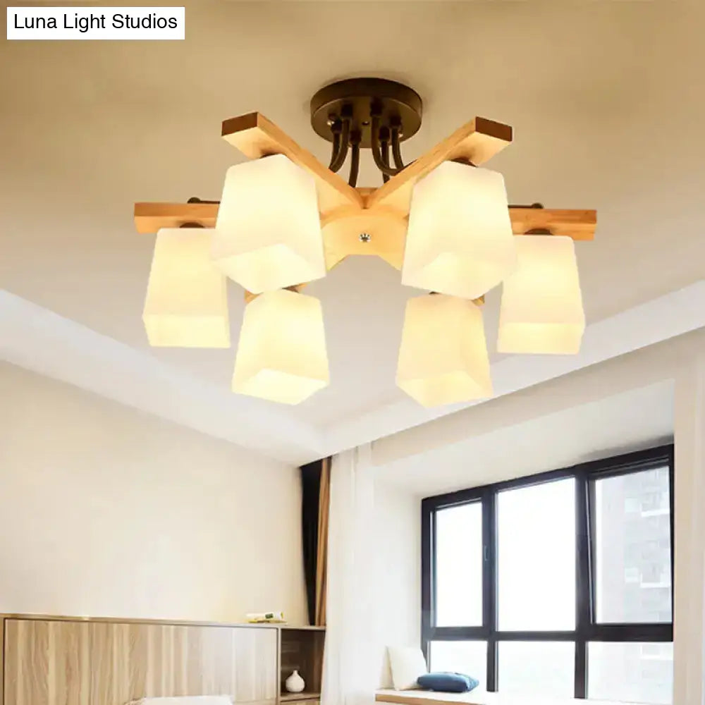 DecorBites™ Nordic Black and Wood Semi Flush Mount Chandelier with Milk Glass Shade - 3/6/8 Light Ceiling Fixture for Living Room