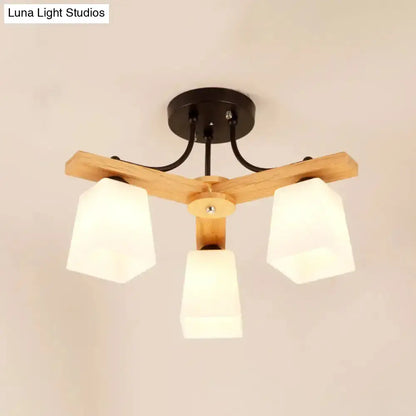 DecorBites™ Nordic Black and Wood Semi Flush Mount Chandelier with Milk Glass Shade - 3/6/8 Light Ceiling Fixture for Living Room