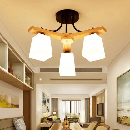 DecorBites™ Nordic Black and Wood Semi Flush Mount Chandelier with Milk Glass Shade - 3/6/8 Light Ceiling Fixture for Living Room