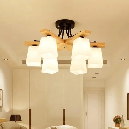 DecorBites™ Nordic Black and Wood Semi Flush Mount Chandelier with Milk Glass Shade - 3/6/8 Light Ceiling Fixture for Living Room