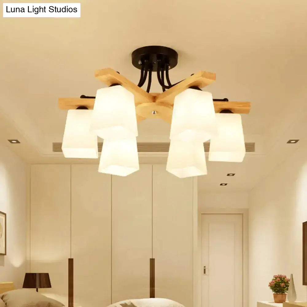 DecorBites™ Nordic Black and Wood Semi Flush Mount Chandelier with Milk Glass Shade - 3/6/8 Light Ceiling Fixture for Living Room