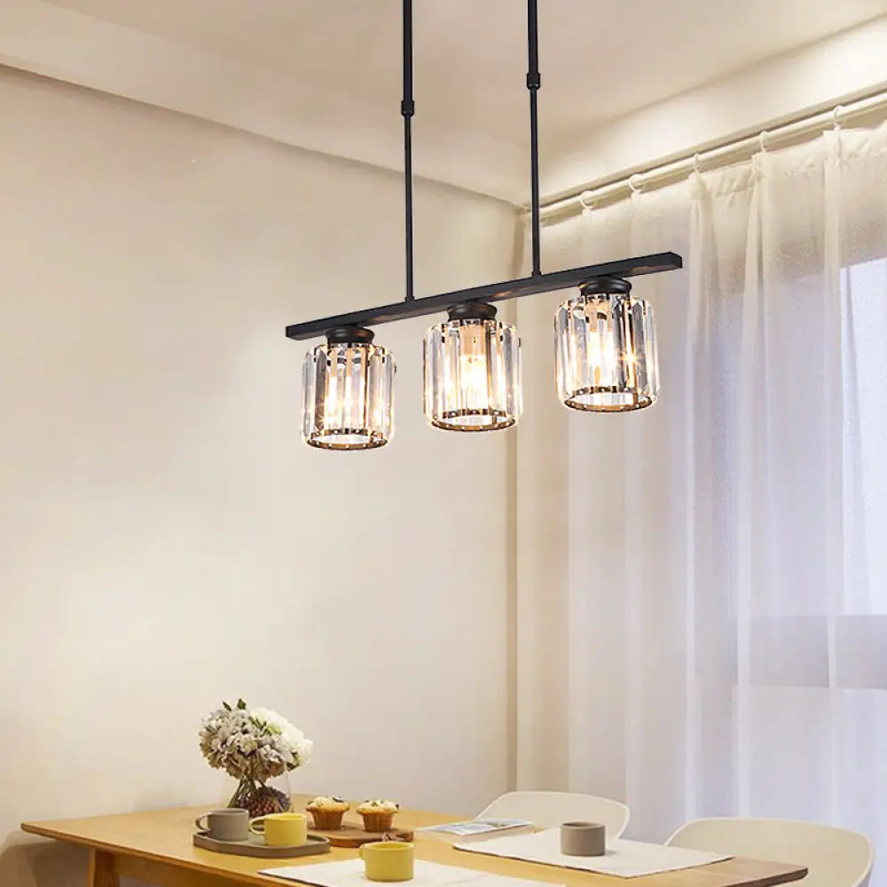 DecorBites™ Nordic Black Crystal Ceiling Light for Living Room - Cylinder Island Pendant with 3/4 Bulbs