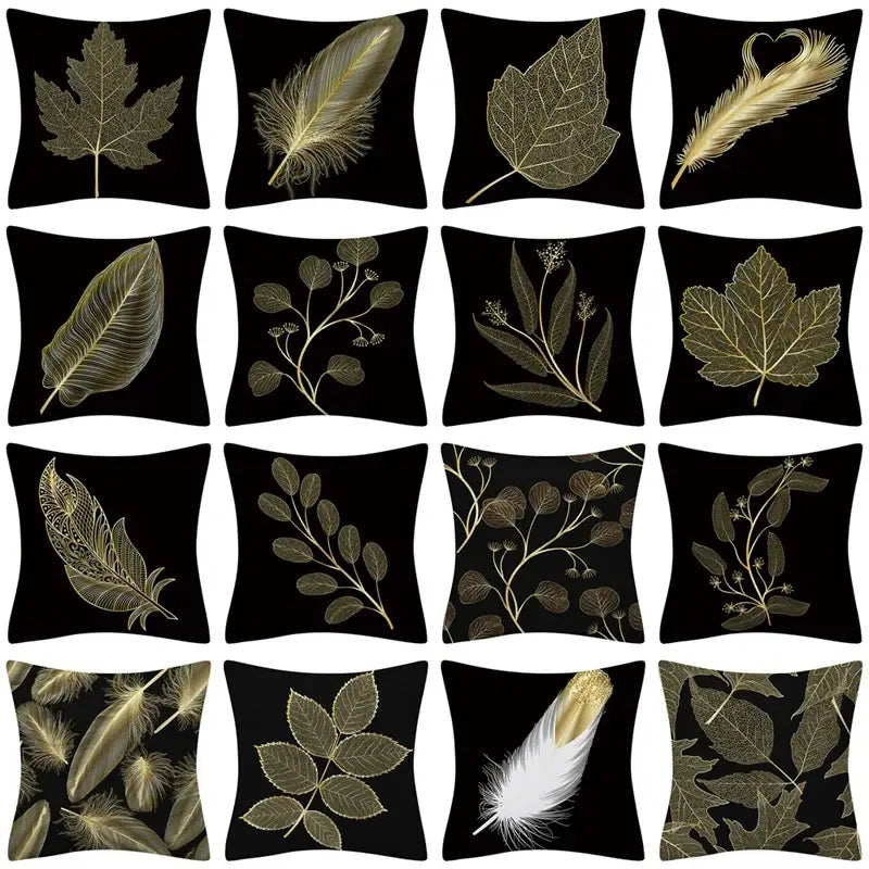 Nordic black & gold golden leaves pillow cases living room decor