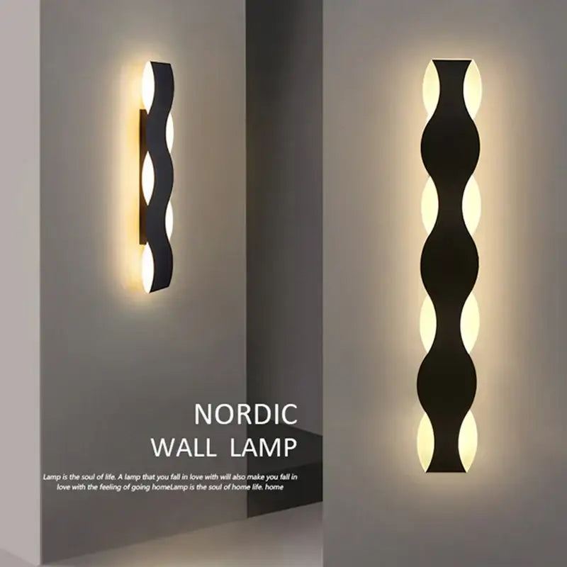 Nordic black led wave wall light bedroom sculptural decor