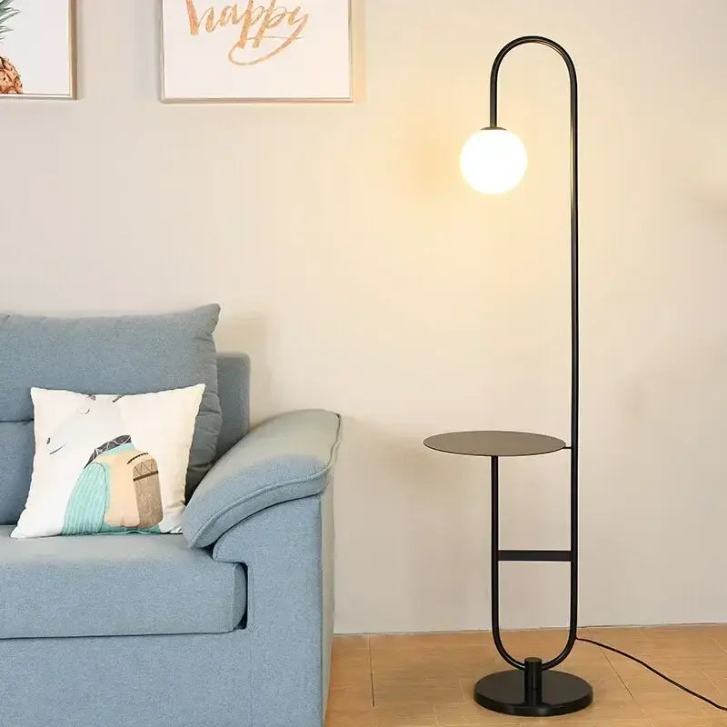 Nordic black metal led floor lamp with glass side table living room