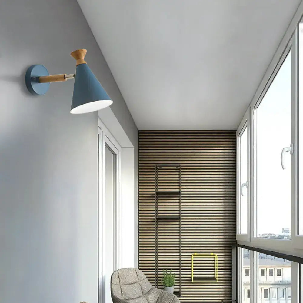 Nordic blue metal cone shade wall light bedroom reading lamp