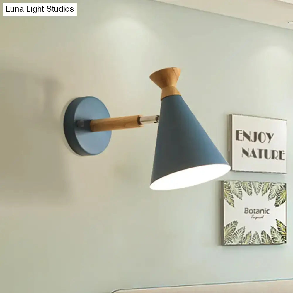 Nordic blue metal cone shade wall light bedroom reading lamp