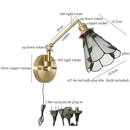 Nordic brass and clear glass wall sconce with bedroom pull chain