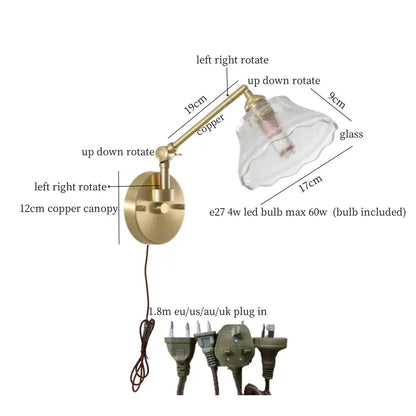 Nordic brass and clear glass wall sconce with bedroom pull chain