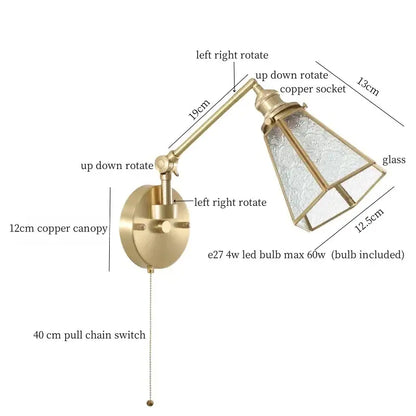 Nordic brass and clear glass wall sconce with bedroom pull chain