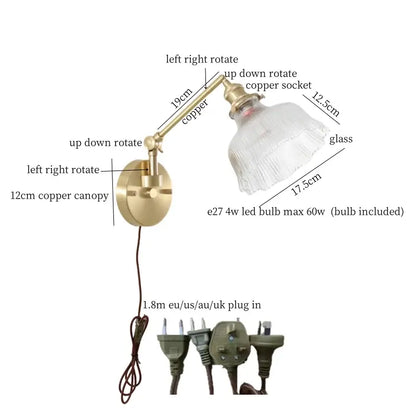 Nordic brass and clear glass wall sconce with bedroom pull chain