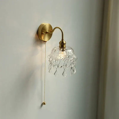 Nordic brass crystal glass led wall light bedroom pull chain sconce