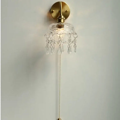 Nordic brass crystal glass led wall light bedroom pull chain sconce