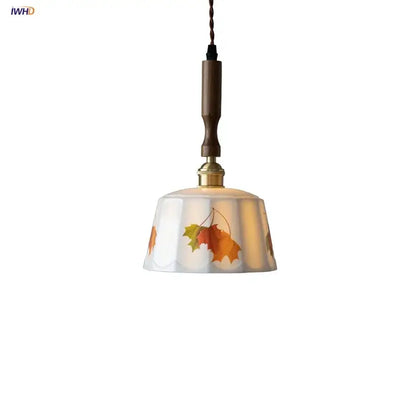 Nordic brown wood led pendant light dining room autumn leaf glass
