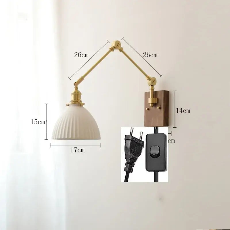 Nordic copper wall lamp with wood backplate for bedroom