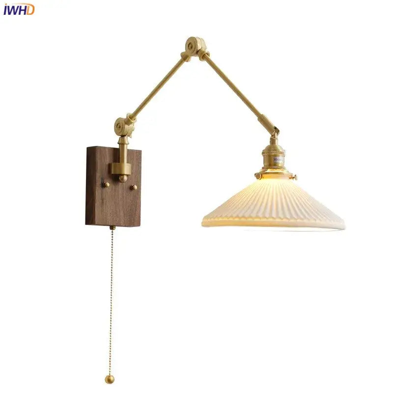 Nordic copper wall lamp with wood backplate for bedroom