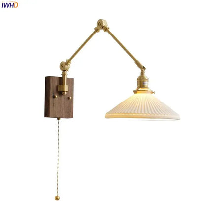 Nordic copper wall lamp with wood backplate for bedroom