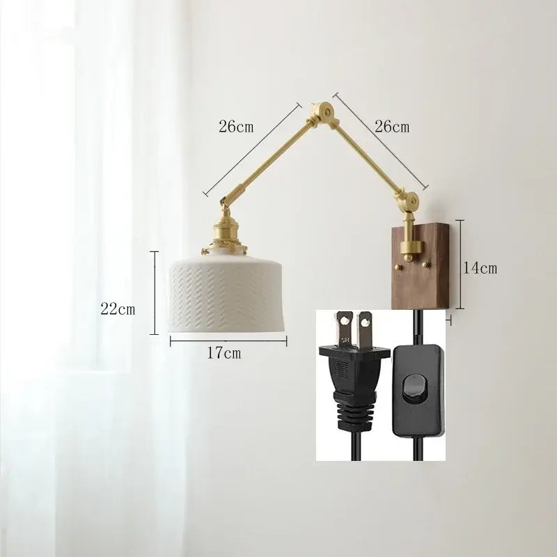Nordic copper wall lamp with wood backplate for bedroom