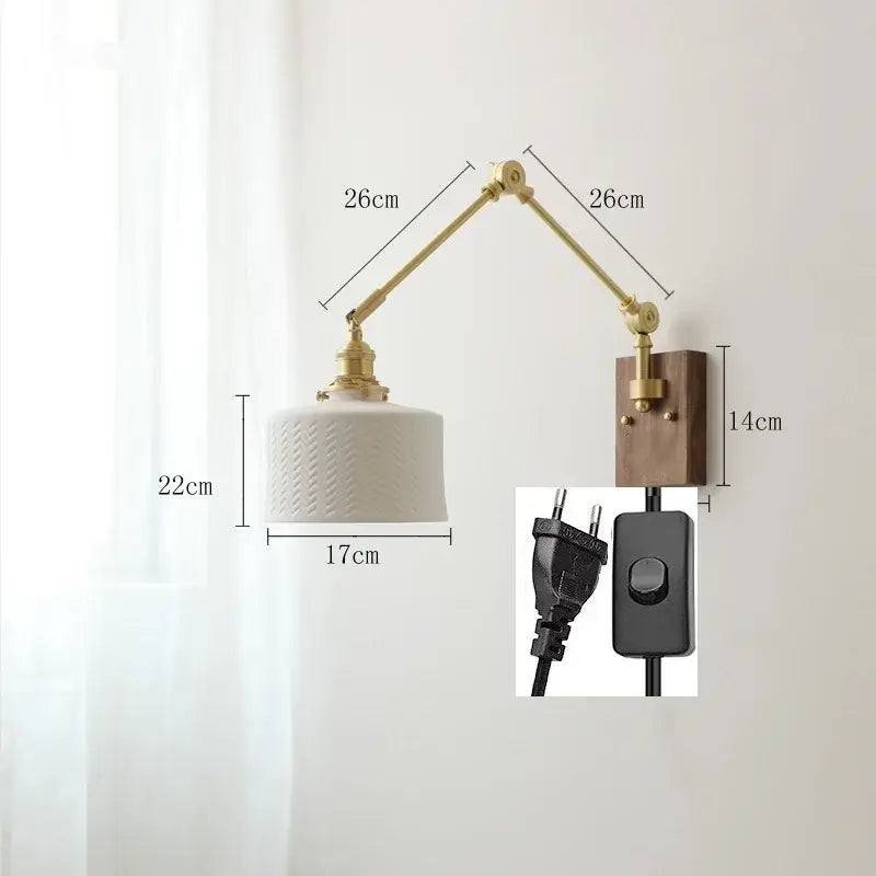 Nordic copper wall lamp with wood backplate for bedroom