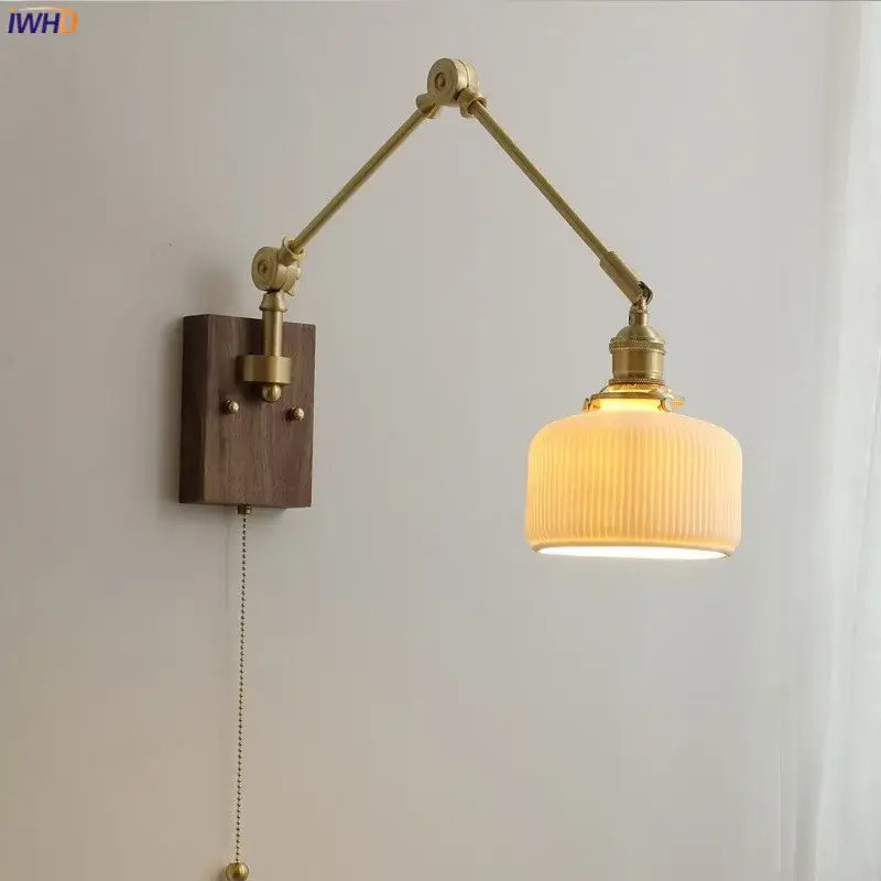 Nordic copper wall lamp with wood backplate for bedroom