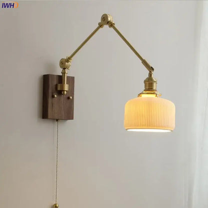 Nordic copper wall lamp with wood backplate for bedroom