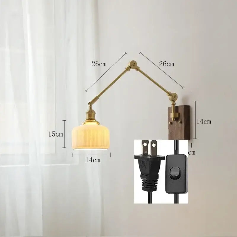 Nordic copper wall lamp with wood backplate for bedroom
