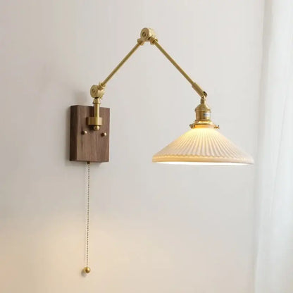 Nordic copper wall lamp with wood backplate for bedroom
