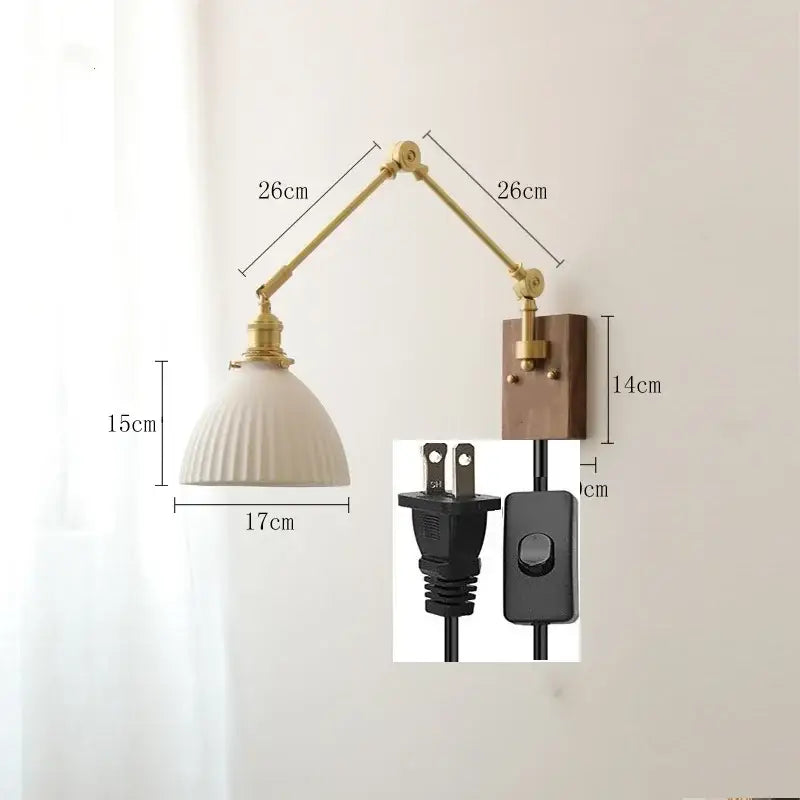 Nordic copper wall lamp with wood backplate for bedroom
