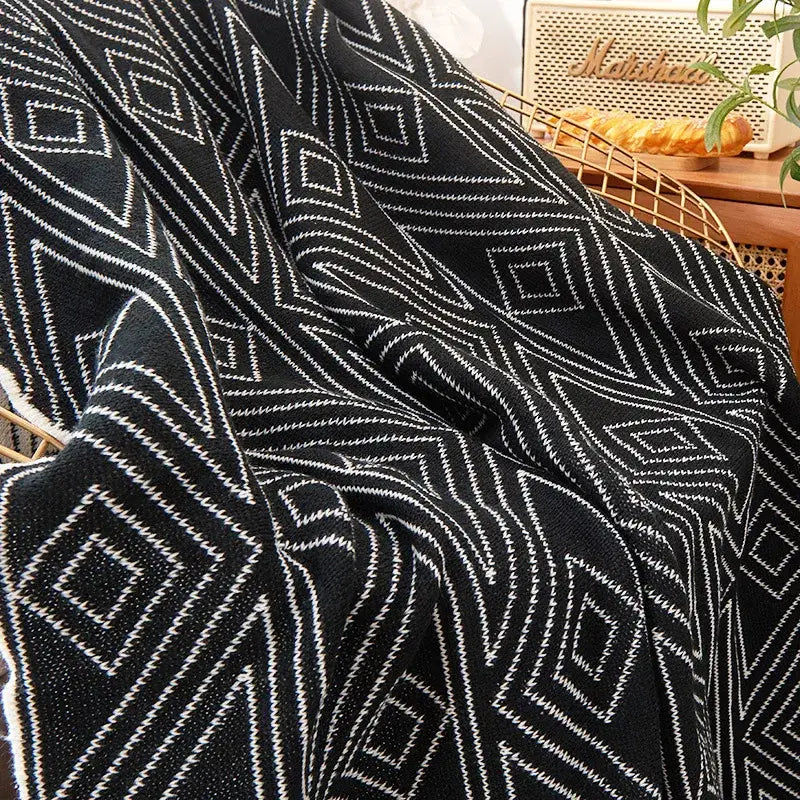 Nordic cream & black grey knitted woolen blanket living room throw