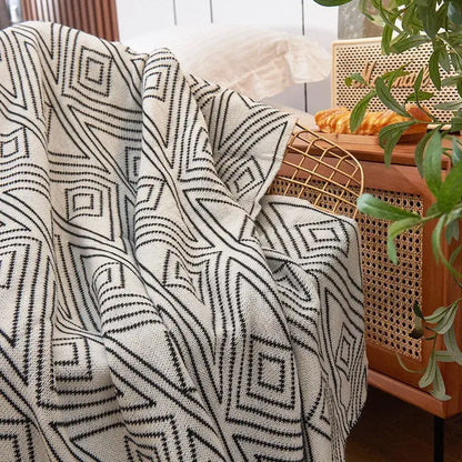 Nordic cream & black grey knitted woolen blanket living room throw