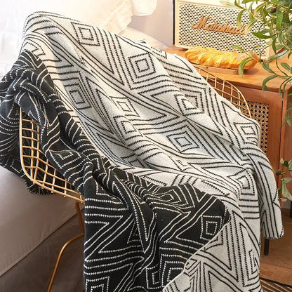 Nordic cream & black grey knitted woolen blanket living room throw