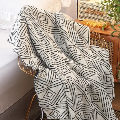 Nordic cream & black grey knitted woolen blanket living room throw