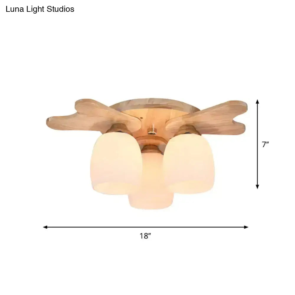 Nordic cream glass bell ceiling light with wood antler for bedroom