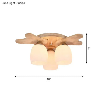 Nordic cream glass bell ceiling light with wood antler for bedroom