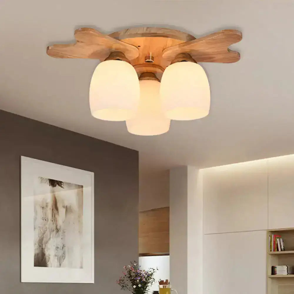 Nordic cream glass bell ceiling light with wood antler for bedroom