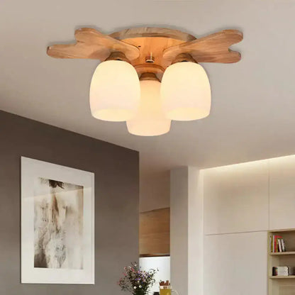 Nordic cream glass bell ceiling light with wood antler for bedroom