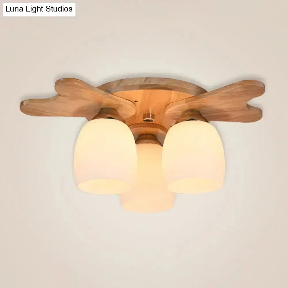 Nordic cream glass bell ceiling light with wood antler for bedroom