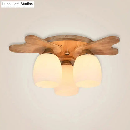 Nordic cream glass bell ceiling light with wood antler for bedroom
