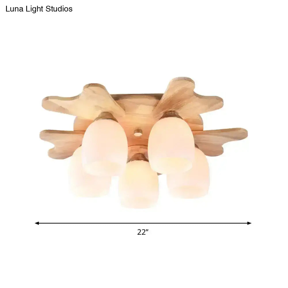 Nordic cream glass bell ceiling light with wood antler for bedroom
