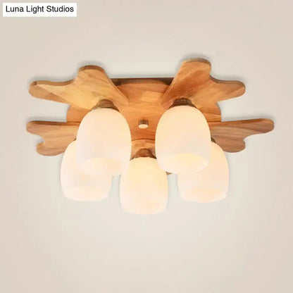 Nordic cream glass bell ceiling light with wood antler for bedroom