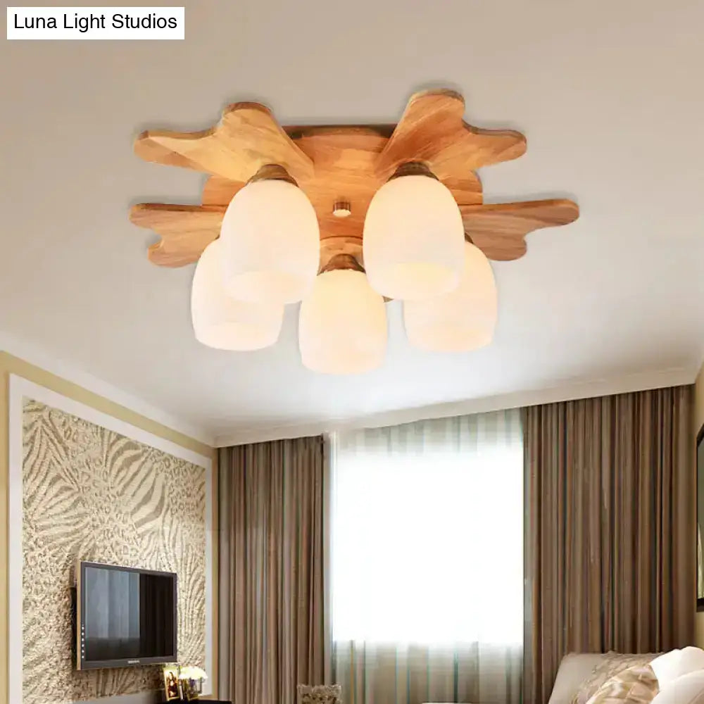 Nordic cream glass bell ceiling light with wood antler for bedroom