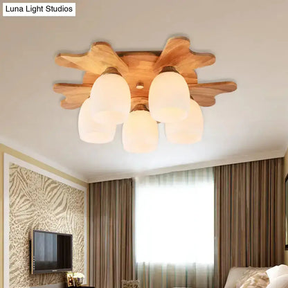 Nordic cream glass bell ceiling light with wood antler for bedroom