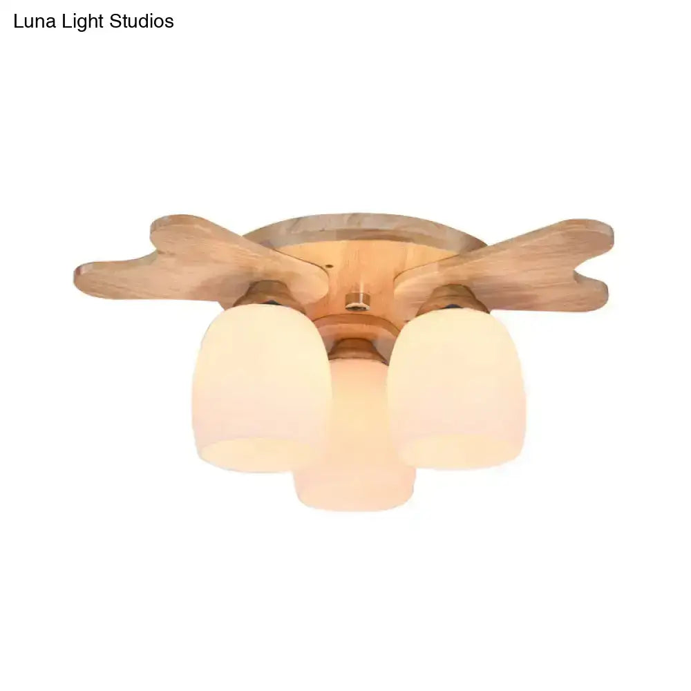 Nordic cream glass bell ceiling light with wood antler for bedroom