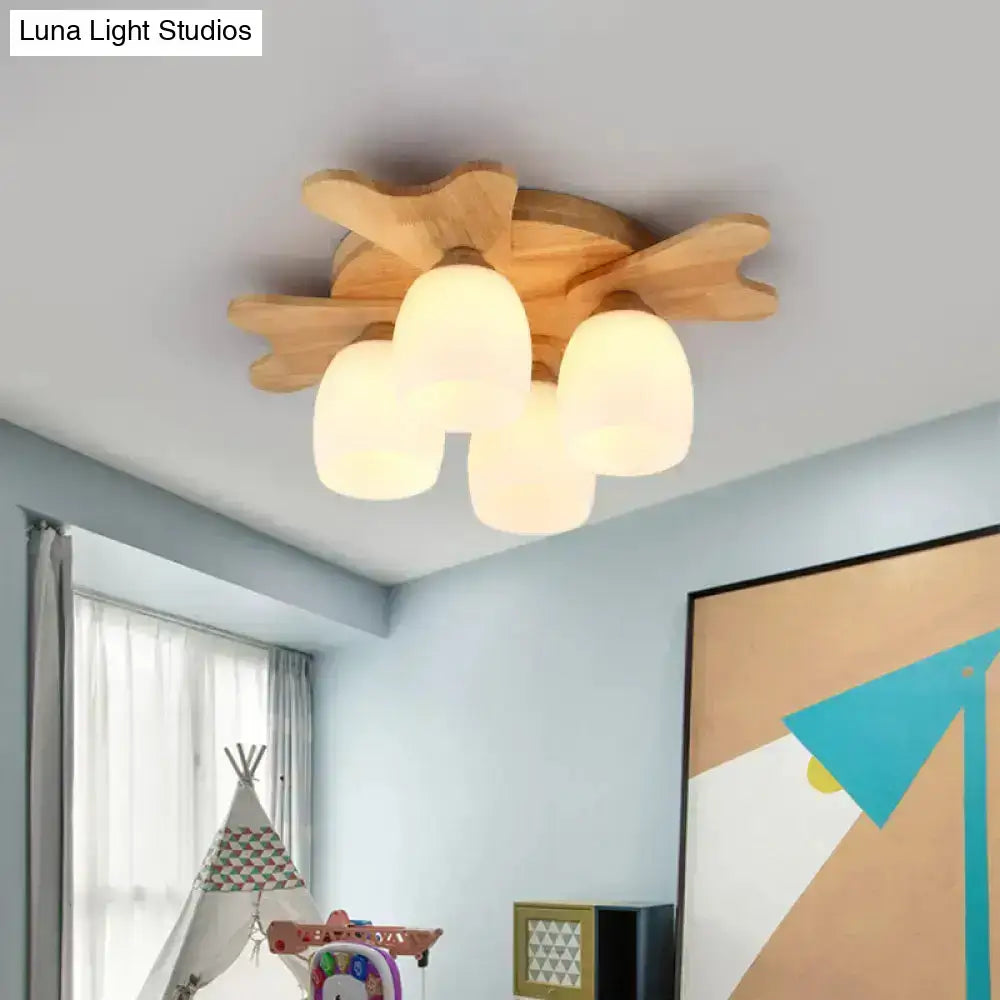 Nordic cream glass bell ceiling light with wood antler for bedroom