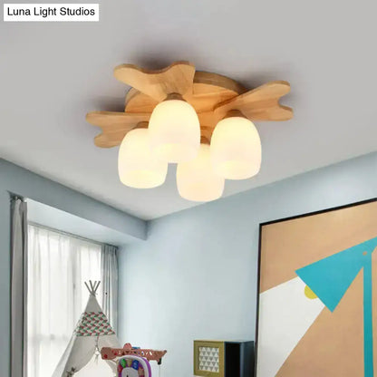 Nordic cream glass bell ceiling light with wood antler for bedroom