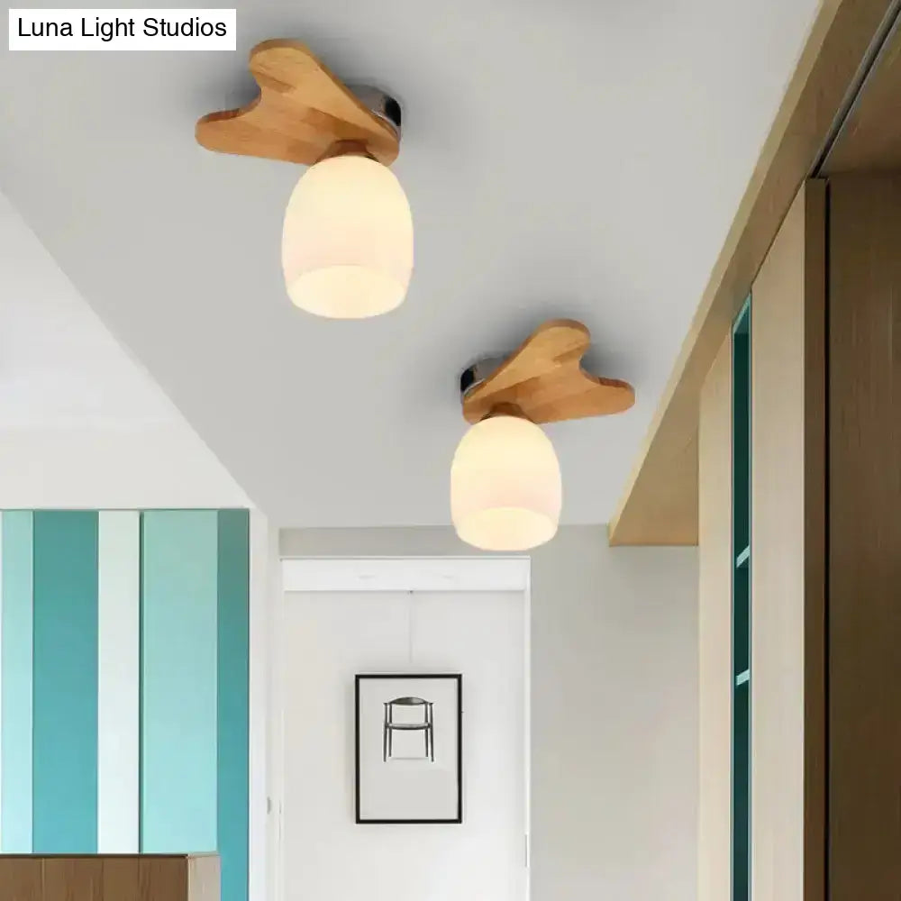 Nordic cream glass bell ceiling light with wood antler for bedroom