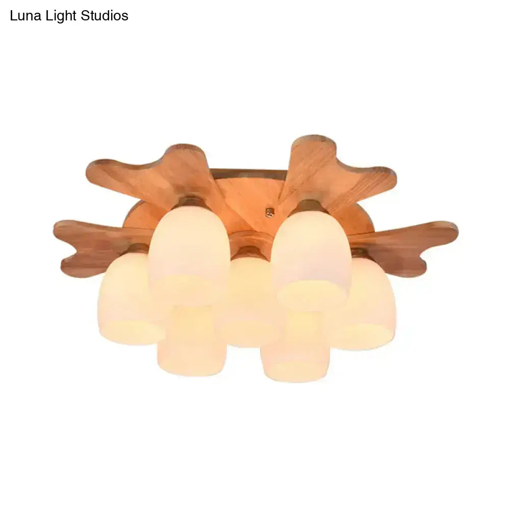 Nordic cream glass bell ceiling light with wood antler for bedroom