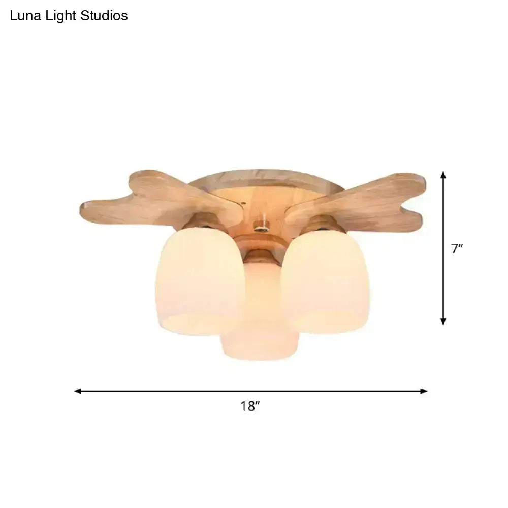 Nordic cream glass bell ceiling light with wood antler for bedroom