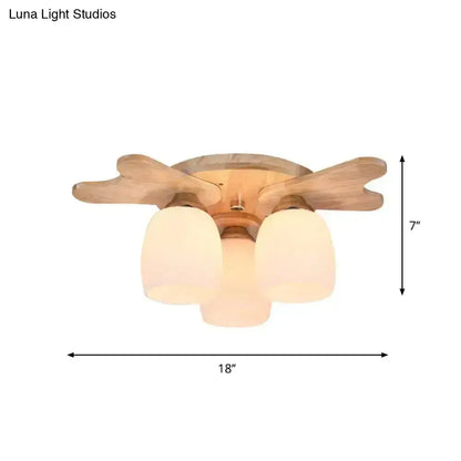 Nordic cream glass bell ceiling light with wood antler for bedroom