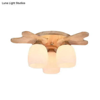Nordic cream glass bell ceiling light with wood antler for bedroom
